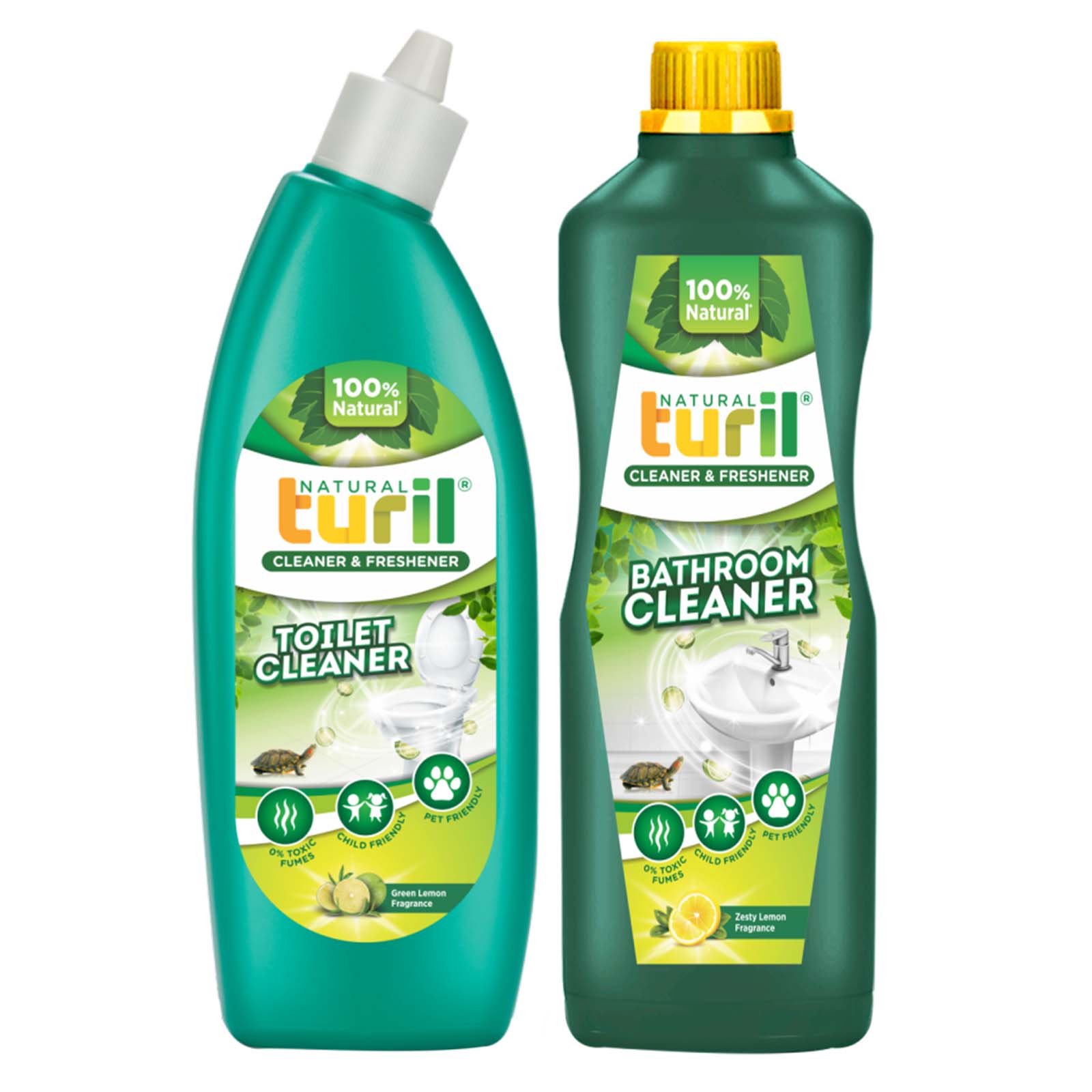 Turil Toilet Cleaner (Green Lemon) 1L & Bathroom Cleaner (Zesty Lemon) 1L Combo | Biodegradable | Removes Hard Water Stains & Limescale | 0% Harmful Fumes | Pet & Child Safe | Long-Lasting Freshness
