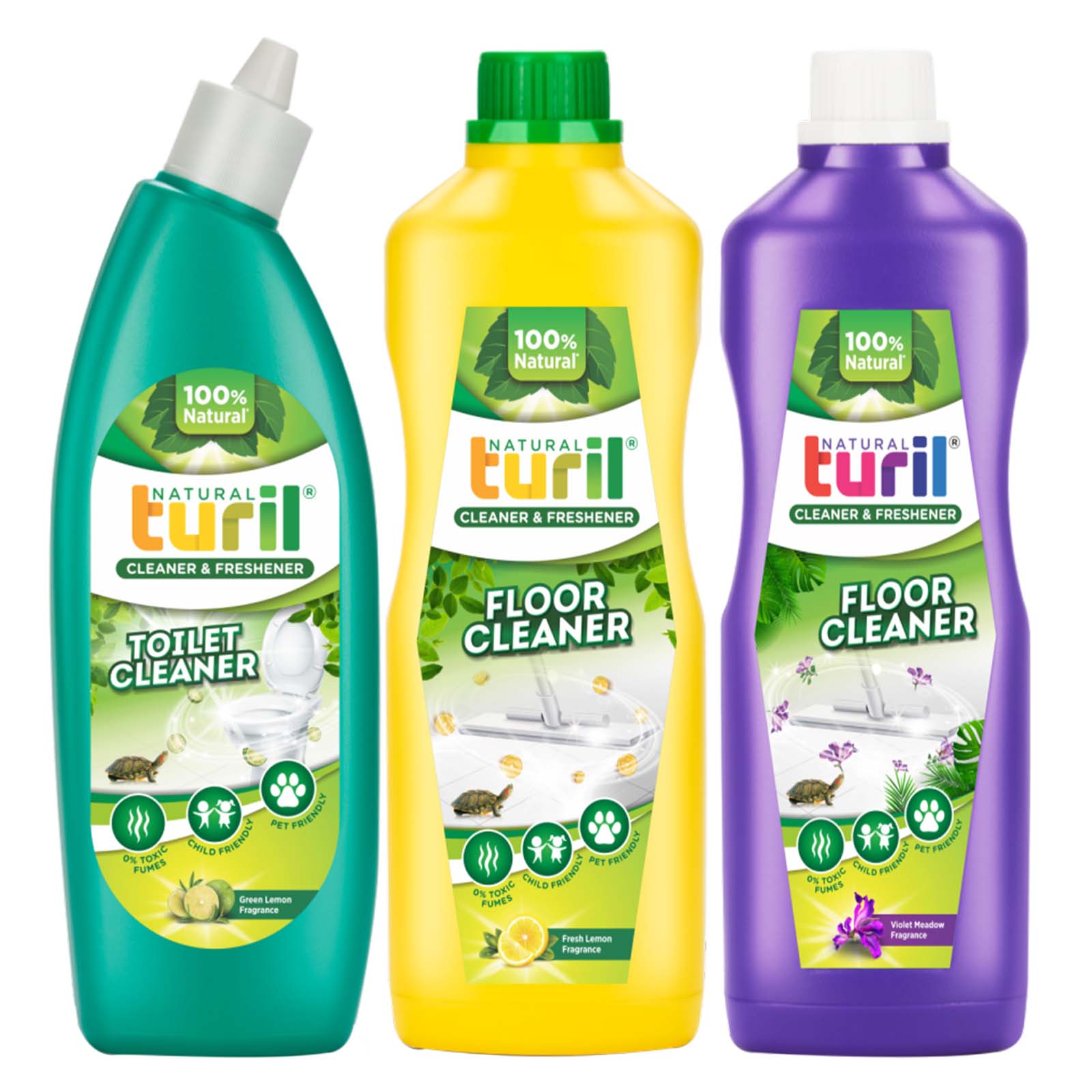 Turil® Toilet Cleaner (Pure Blossom), 1 Litre Floor Cleaner Fresh Lemon & 1 Litre Floor Cleaner (Violet Meadow) Combo - | Eco-Friendly | Zero Toxic Fumes | Streak Free Cleaning